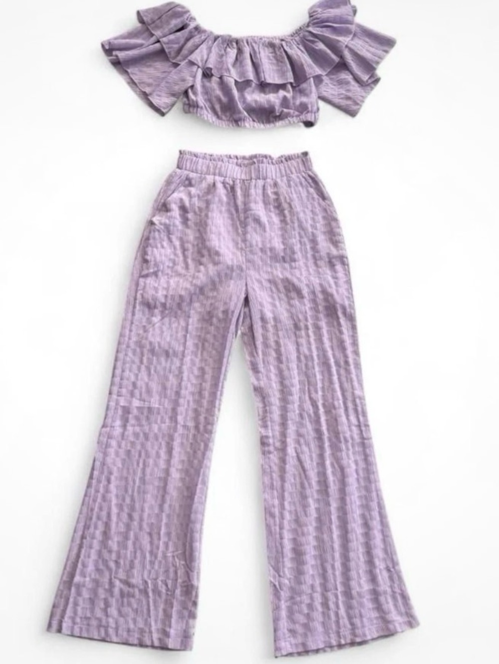 Lavender Ruffle Off-Shoulder crop Top & Wide-Leg Pants Set Boho